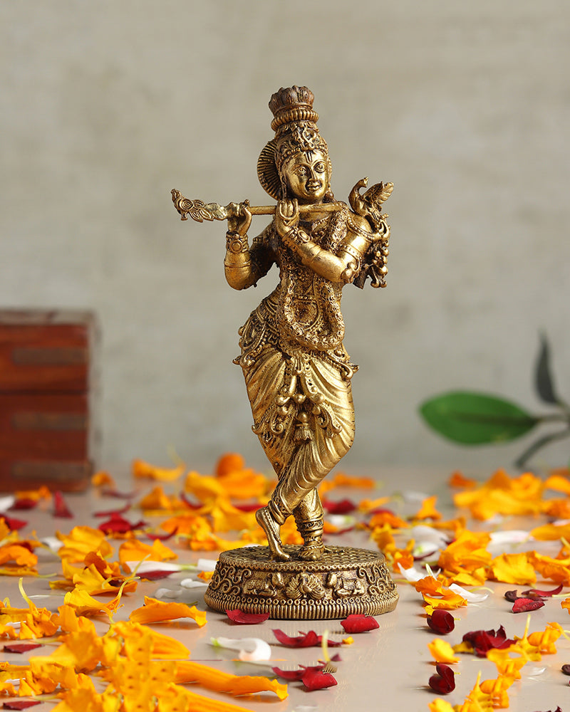 Pure Brass Krishna with Flute Idol for Home Temple and Pooja Room