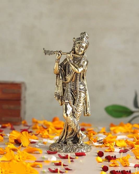 Traditional Krishna Brass Idol Playing Flute for Pooja Needs and Home Decoration