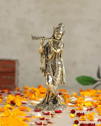 Traditional Krishna Brass Idol Playing Flute for Pooja Needs and Home Decoration