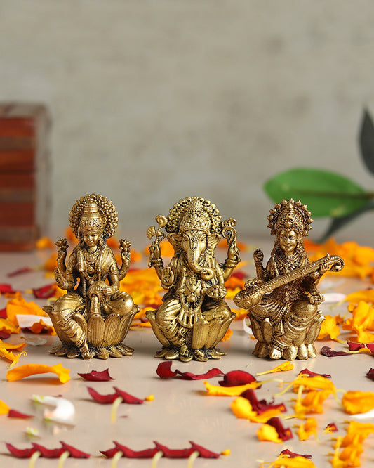 Pure Brass Laxmi Ganesh Sarasvati Idol Set for Home Pooja