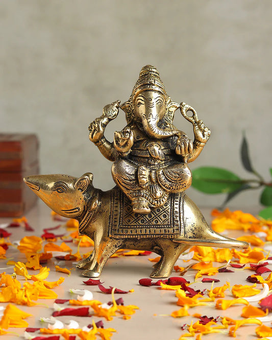 Pure Brass Ganesha Sitting on Mushak for Prosperity and Blessings