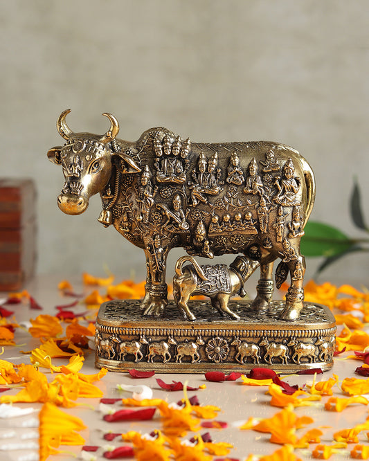 Brass Kamdhenu Cow Idol with Calf for Home Temple and Decor
