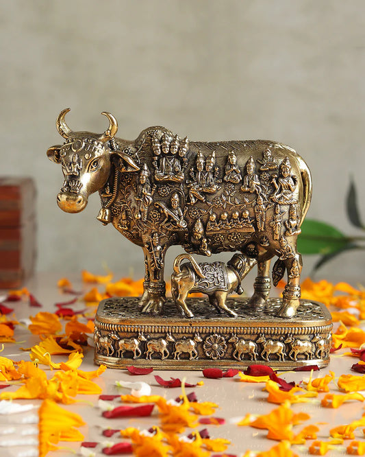 Brass Kamdhenu Cow Idol with Calf for Home Temple and Decor