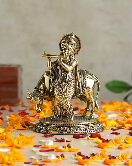 Traditional Krishna Ji Brass Idol with Cow for Festivals and Home Decoration