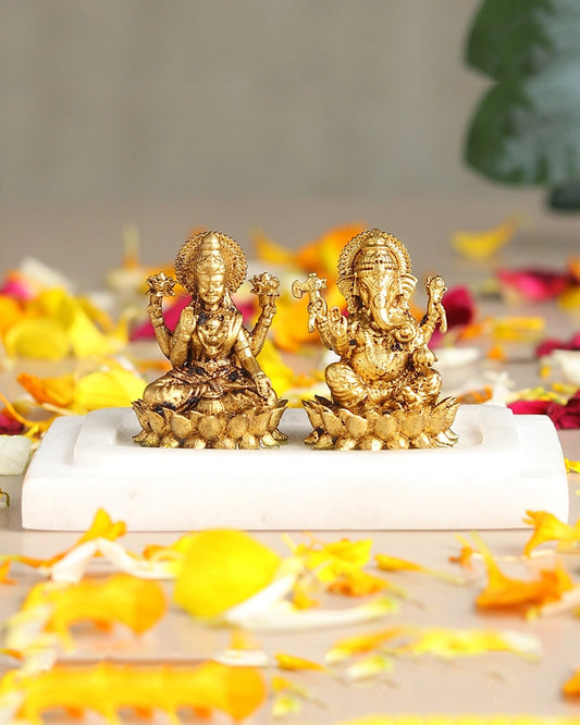 Brass Laxmi Ganesh Idol on Marble Base for Home Temple and Pooja Room