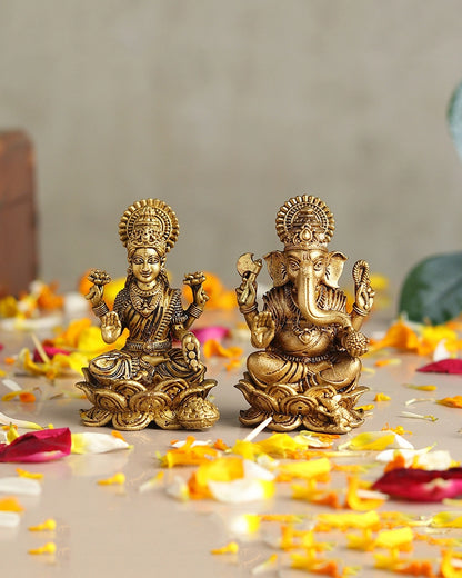 Lakshmi Ji & Ganesha Brass God Idol Set for Pooja, Home Decoration & Auspicious Showpiece