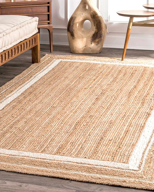 Textured Natural White Rectangular Jute Carpet For Living Room