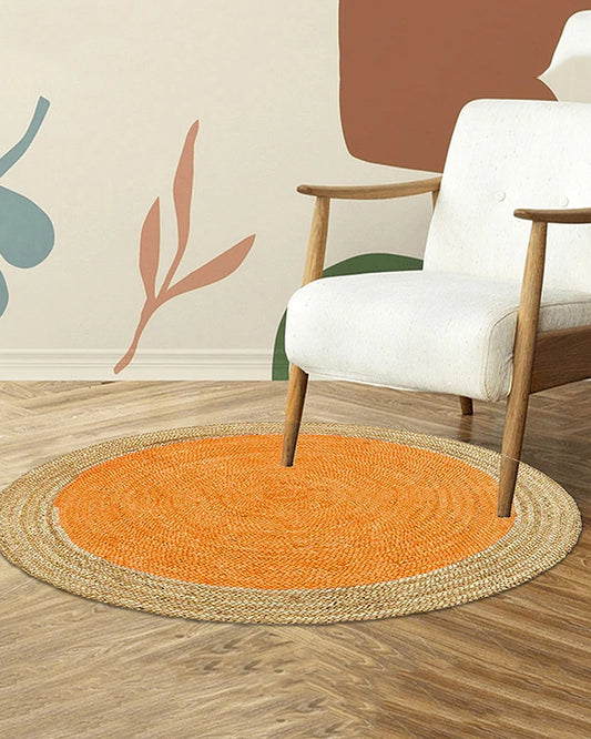 Handcrafted Yellow Round Jute Carpet For Living Room