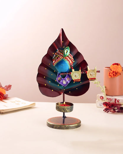 Handcrafted Metal Peepal Leaf Krishna Tealight Holder Showpiece