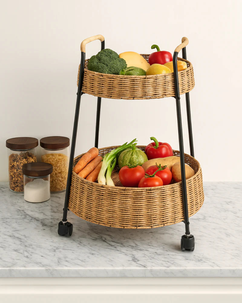 Handcrafted Rattan Trolley for Fruits and Vegetables – Home & Kitchen Use