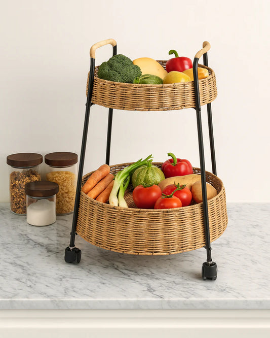 Handcrafted Rattan Trolley for Fruits and Vegetables – Home & Kitchen Use