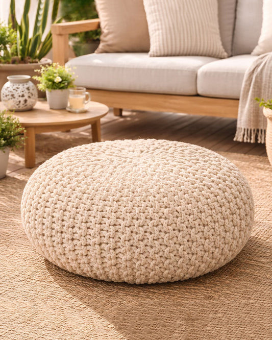 Handwoven Jute Round Pouffe in White for Living Room and Bedroom