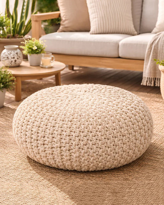 Handwoven Jute Round Pouffe in White for Living Room and Bedroom