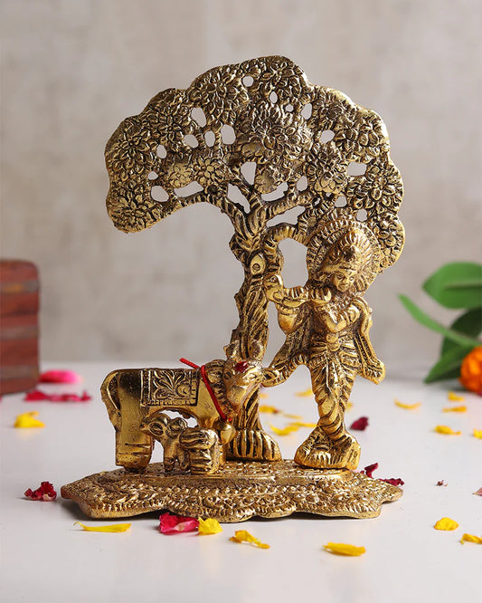 Krishna Idol with Cow and Calf Under Tree, Flute-Playing Lord Krishna Statue for Home Decor