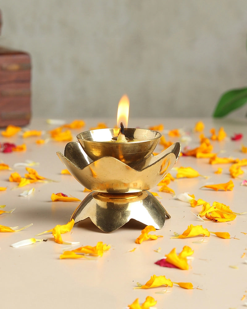 Brass Lotus Diya for Pooja Room & Home Temple Decor (Gold)