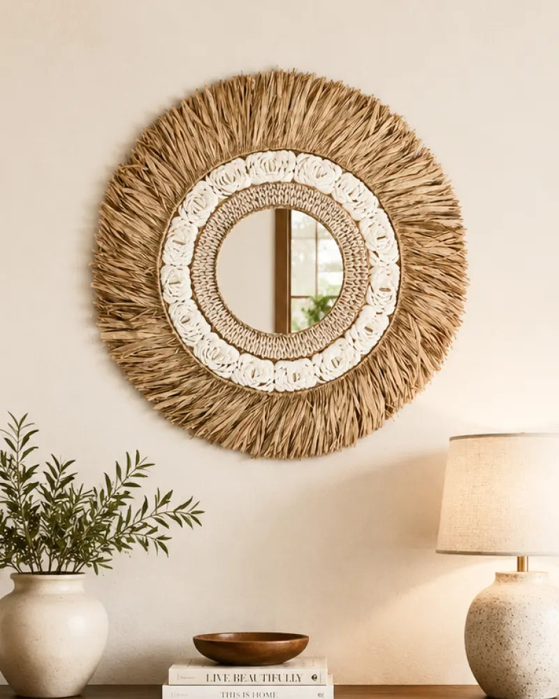 Eco Friendly Natural Raffia and Shell Boho Wall Mirror
