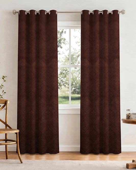 Velvet Eyelet Door Curtain (Brown, Textured, 7 ft)
