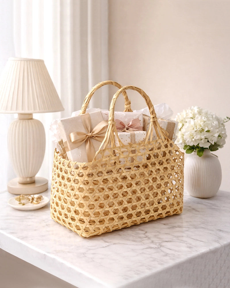 Bamboo Storage Basket with Sturdy Handle for Fruits and Vegetables