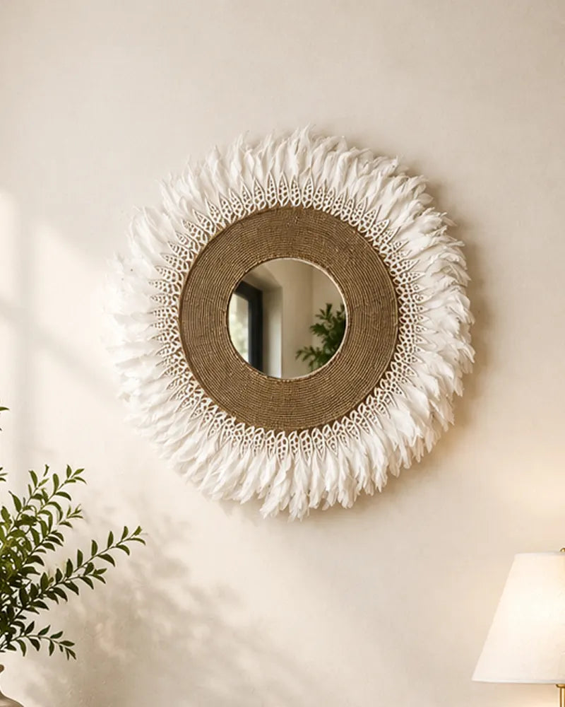 White Feather Boho Wall Mirror Handmade Statement Decorative Mirror