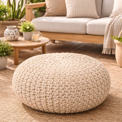 Handwoven Jute Round Pouffe in White for Living Room and Bedroom