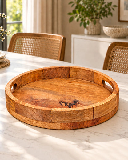 Round Wooden Serving Tray with Handles for Home Dining and Kitchen