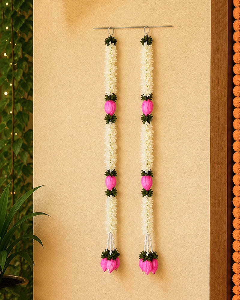 Artificial Marigold Lotus Flower Garland Set of 2 for Pooja and Festive Decor