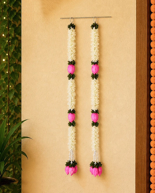 Artificial Marigold Lotus Flower Garland Set of 2 for Pooja and Festive Decor