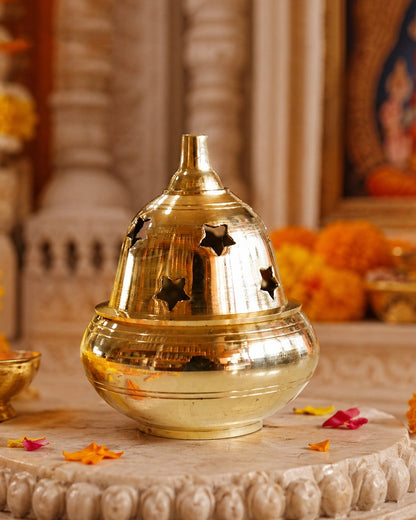 100% Pure Brass Akhand Diya with Star-Cut Dome Lid