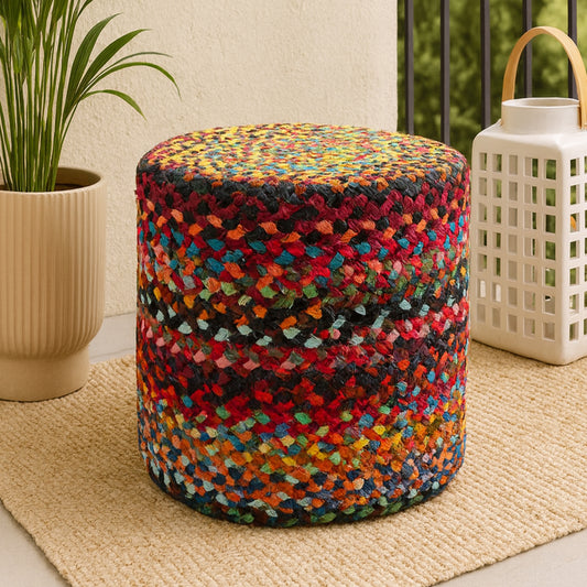 Handwoven Jute Round Pouffe in Multicolor for Living Room - Large