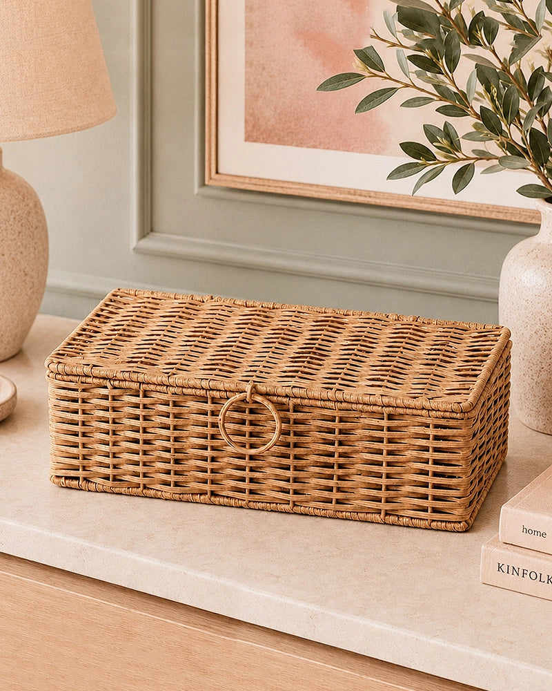Cane Storage Box with Lid for Wardrobe & Bathroom Storage