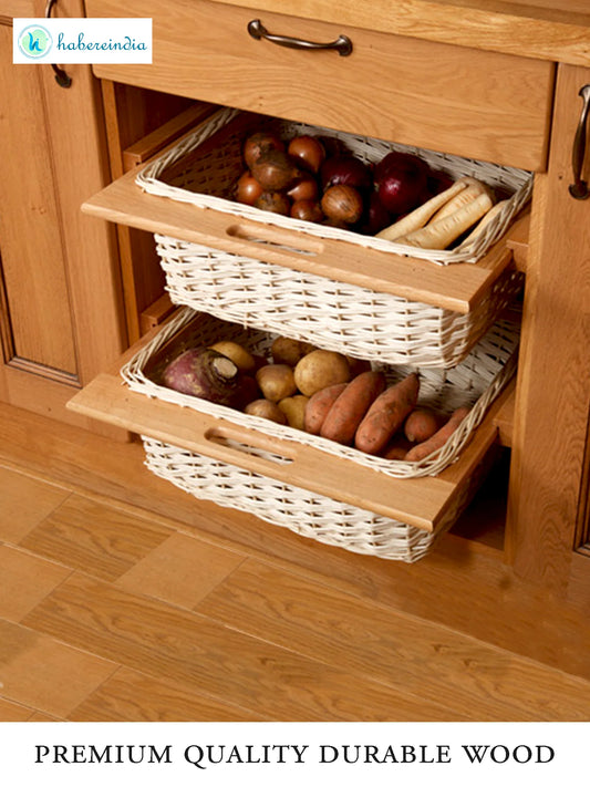 Handwoven Wicker Pull-Out Kitchen Basket with Double Partition for Organized Storage