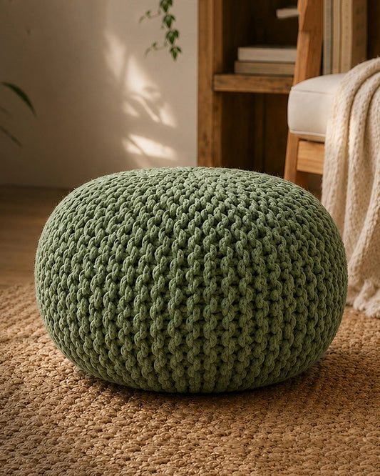 Hand Knitted Sage Green Cotton Pouf Chunky Knit Round Ottoman Footrest
