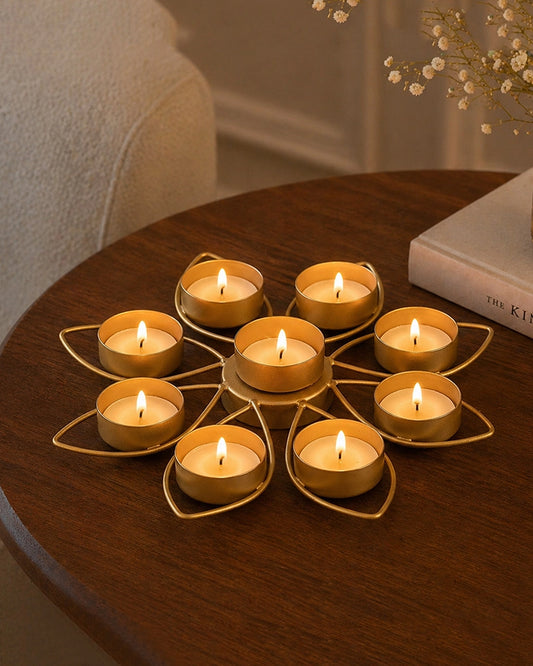 Gold Lotus Flower Tea Light Holder for Living Room and Pooja Room