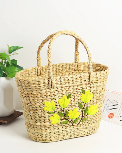 Handwoven Seagrass Embroidered Tote Bag for Market, Storage & Travel