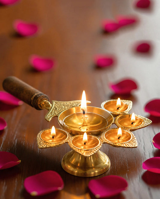 100% Pure Brass Panchdeep Aarti Diya for Pooja Room, Spiritual Puja