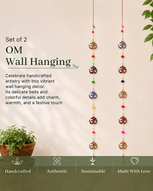 Om Symbol Wall Hanging with Pom Poms and Bells for Home Decoration