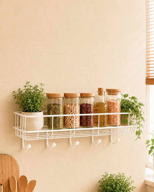 Self Adhesive Metal Wall Shelf with 4 Hanging Hooks for Bathroom Accessories