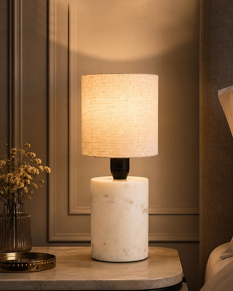 Marble Table Lamp with Linen Shade Warm Ambient Light