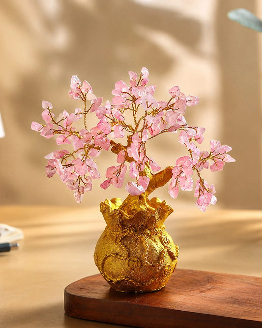 Rare Rose Quartz Crystal Tree in Gold Pot for Love & Positive Energy