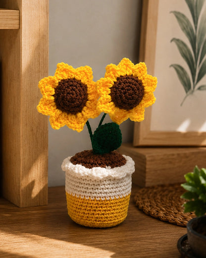 Handmade Crochet Sunflower Pot Artificial Plant Decor