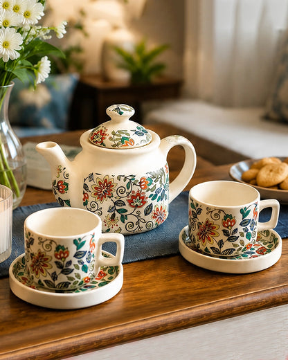 Hand Painted Floral Ceramic Tea Pot Set with Cups Saucers