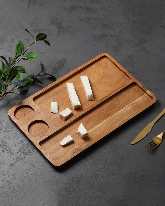Rectangular Wooden Platter with Cup Sections for Cheese Serving