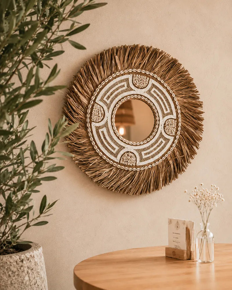 Sustainable Beaded Grass Tribal Geometric Wall Mirror