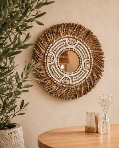 Sustainable Beaded Grass Tribal Geometric Wall Mirror