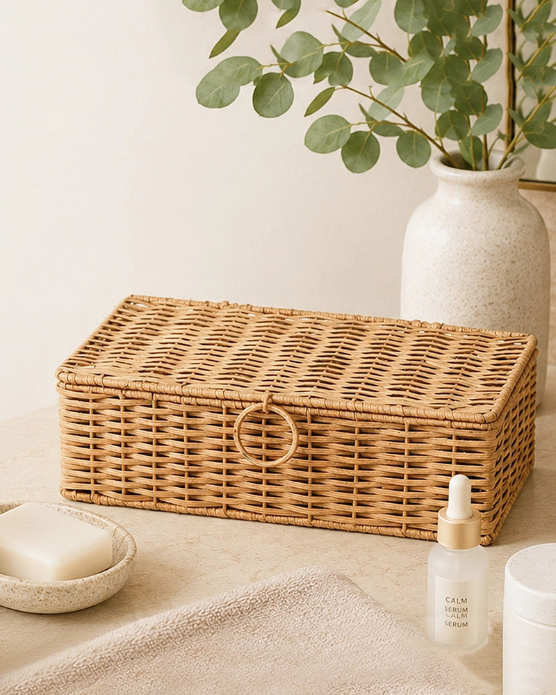 Cane Storage Box with Lid for Wardrobe & Bathroom Storage