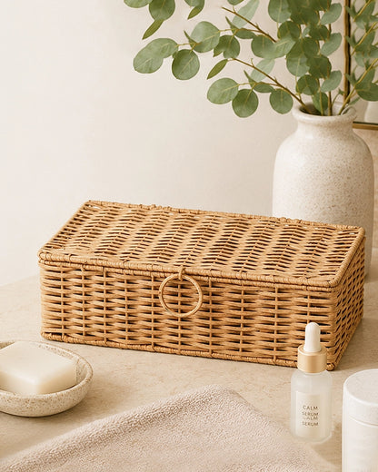 Cane Storage Box with Lid for Wardrobe & Bathroom Storage