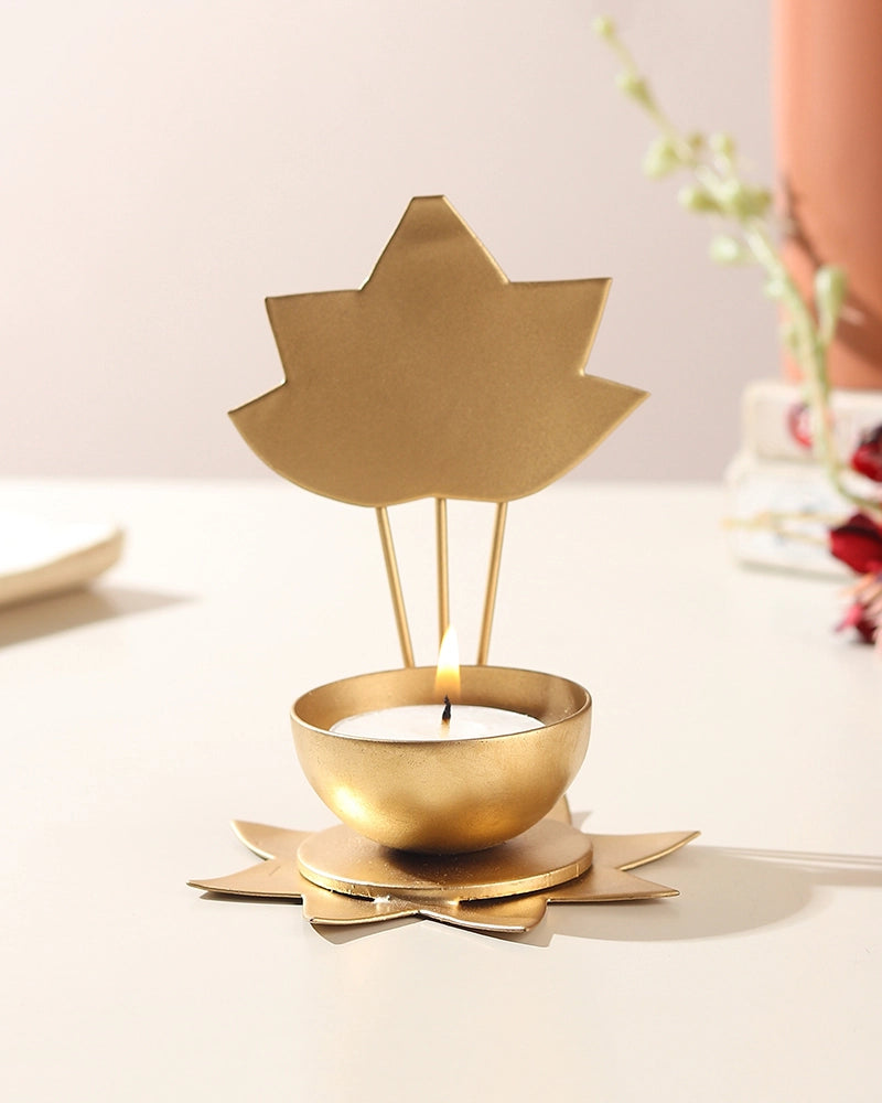 Metal Lotus Tea Light Holder with Decorative Stand for Pooja