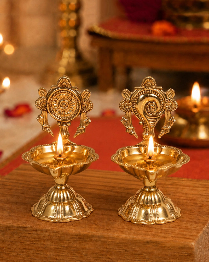 100% Pure Brass Decorative Handle Diya for Pooja Décor, Set of 2