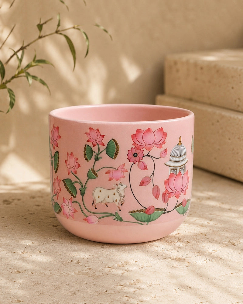 Pichwai Art Hand Painted Lotus Design Terracotta Plant Pot (Pink)