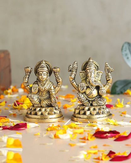 Lakshmi Ji & Ganesha Brass God Idol Set for Pooja, Home Decoration & Auspicious Showpiece